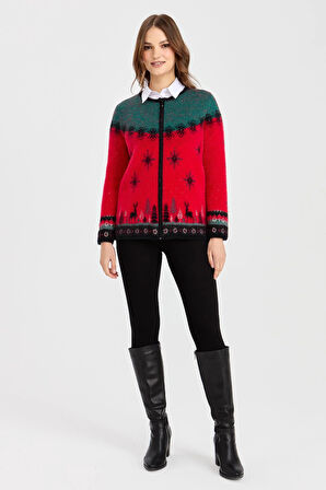 Kadın Sıfır Yaka Yılbaşı Desenli Hırka Y.Kırmızı