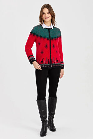 Kadın Sıfır Yaka Yılbaşı Desenli Hırka Y.Kırmızı