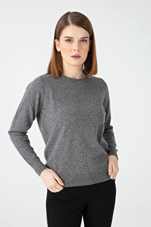 Kadın Sıfır Yaka Yün Kazak Füme