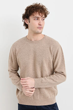 Erkek Sıfır Yaka Klasik Yün Kazak K.Bej