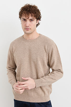 Erkek Sıfır Yaka Klasik Yün Kazak K.Bej