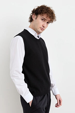 Erkek Sıfır Yaka Klasik Yün Süveter Siyah