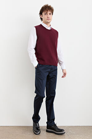 Erkek Sıfır Yaka Klasik Yün Süveter Bordo