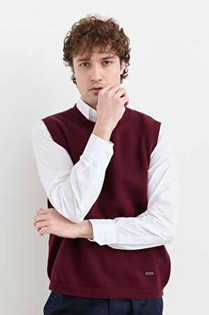 Erkek Sıfır Yaka Klasik Yün Süveter Bordo