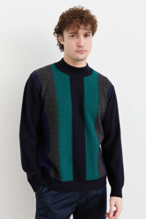 Erkek Yarım Balıkçı Yaka Önü Renkli Yün Kazak K.Lacivert