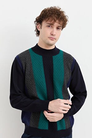 Erkek Yarım Balıkçı Yaka Önü Renkli Yün Kazak K.Lacivert