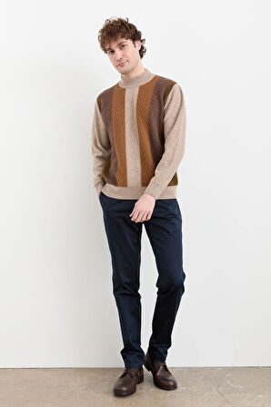 Erkek Yarım Balıkçı Yaka Önü Renkli Yün Kazak K.Bej