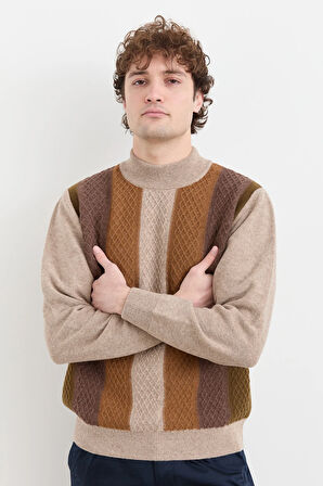 Erkek Yarım Balıkçı Yaka Önü Renkli Yün Kazak K.Bej