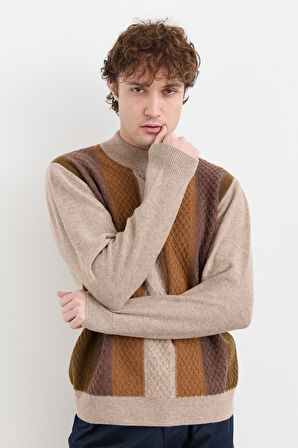 Erkek Yarım Balıkçı Yaka Önü Renkli Yün Kazak K.Bej