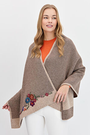 Kadın Çiçek İşlemeli Triko Şal K.Bej