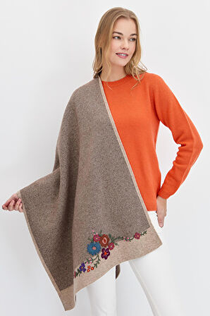 Kadın Çiçek İşlemeli Triko Şal K.Bej
