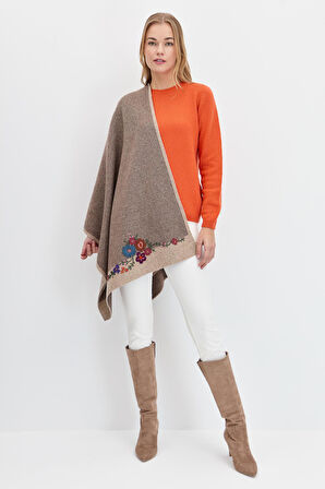 Kadın Çiçek İşlemeli Triko Şal K.Bej
