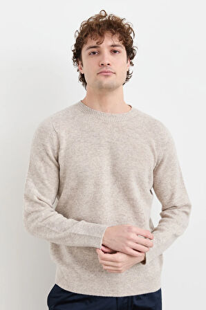 Erkek Sıfır Yaka Basic Yün Kazak V.Bej