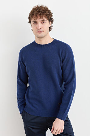 Erkek Sıfır Yaka Basic Yün Kazak İndigo