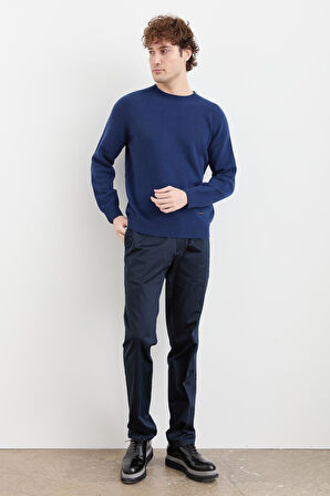 Erkek Sıfır Yaka Basic Yün Kazak İndigo