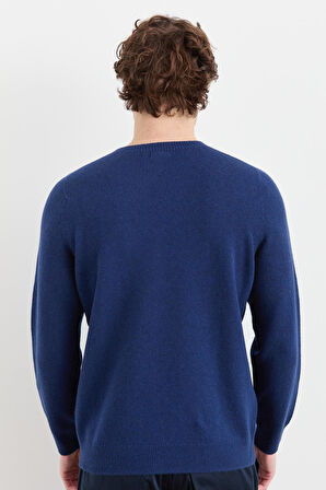 Erkek Sıfır Yaka Basic Yün Kazak İndigo