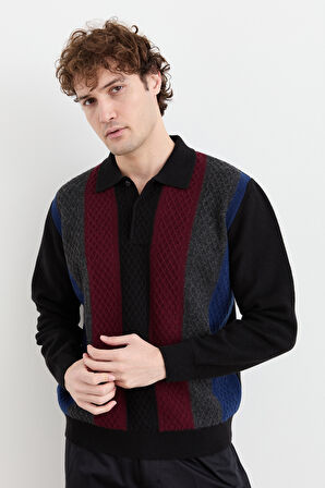 Erkek Polo Yaka Önü Desenli Yün Kazak Siyah