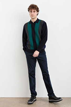 Erkek Polo Yaka Önü Desenli Yün Kazak K.Lacivert