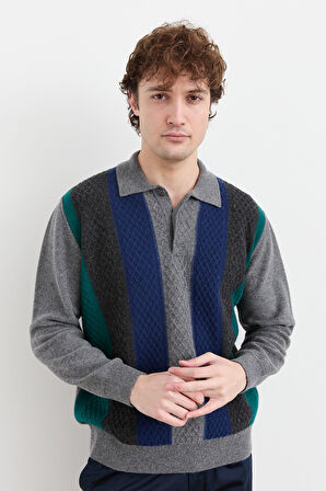 Erkek Polo Yaka Önü Desenli Yün Kazak Füme