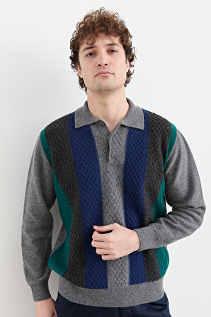 Erkek Polo Yaka Önü Desenli Yün Kazak Füme