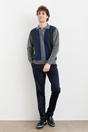 Erkek Polo Yaka Önü Desenli Yün Kazak Füme