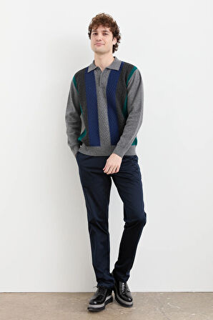 Erkek Polo Yaka Önü Desenli Yün Kazak Füme