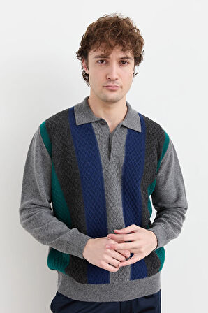 Erkek Polo Yaka Önü Desenli Yün Kazak Füme