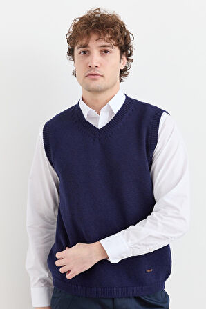 Erkek V Yaka Kalın Klasik Yün Süveter Y.A Lacivert