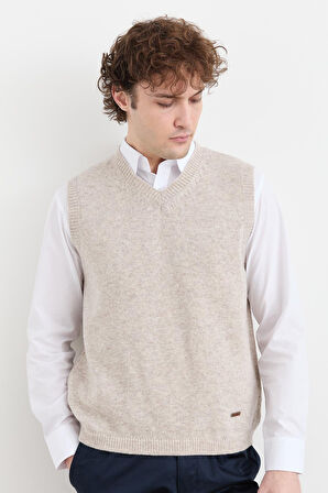 Erkek V Yaka Kalın Klasik Yün Süveter V.Bej