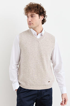 Erkek V Yaka Kalın Klasik Yün Süveter V.Bej