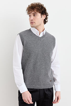 Erkek V Yaka Kalın Klasik Yün Süveter Füme