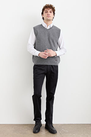 Erkek V Yaka Kalın Klasik Yün Süveter Füme