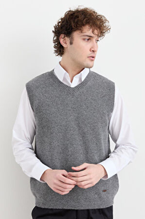 Erkek V Yaka Kalın Klasik Yün Süveter Füme