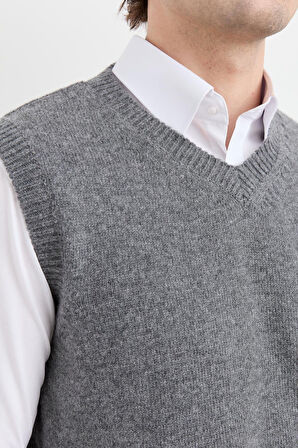 Erkek V Yaka Kalın Klasik Yün Süveter Füme