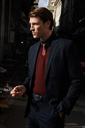 Erkek V Yaka Kalın Klasik Yün Süveter Bordo