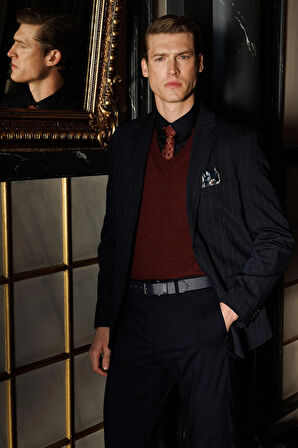 Erkek V Yaka Kalın Klasik Yün Süveter Bordo