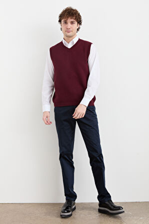 Erkek V Yaka Kalın Klasik Yün Süveter Bordo