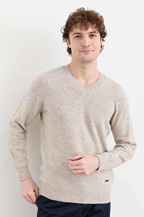 Erkek V Yaka Basic Yün Kazak V.Bej
