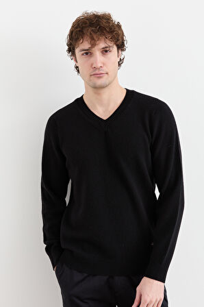 Erkek V Yaka Basic Yün Kazak Siyah