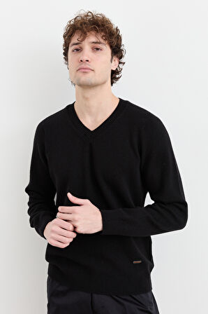 Erkek V Yaka Basic Yün Kazak Siyah