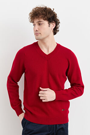 Erkek V Yaka Basic Yün Kazak K.Kırmızı