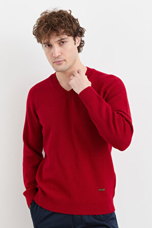 Erkek V Yaka Basic Yün Kazak K.Kırmızı