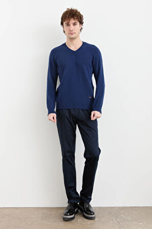 Erkek V Yaka Basic Yün Kazak İndigo