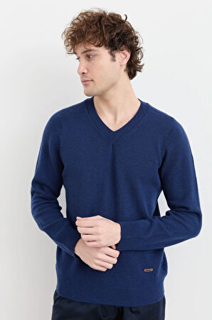 Erkek V Yaka Basic Yün Kazak İndigo