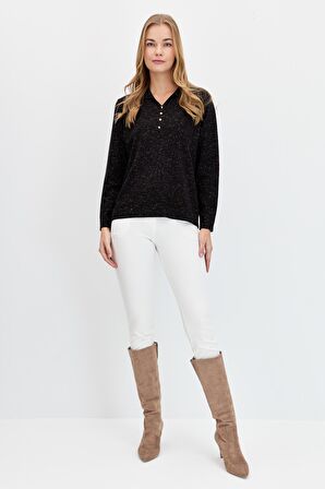 Kadın Polo Yaka Angelina Basic Kazak Siyah