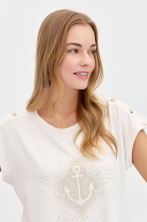 Kadın Sıfır Yaka Önü Taşlı Çapalı Tshirt Ekru