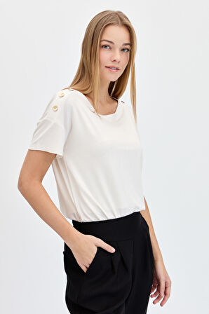 Kadın Sıfır Yaka Omuzları Düğmeli Tshirt Ekru