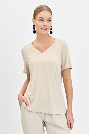 Kadın V Yaka Yakası Simli Tshirt Vizon