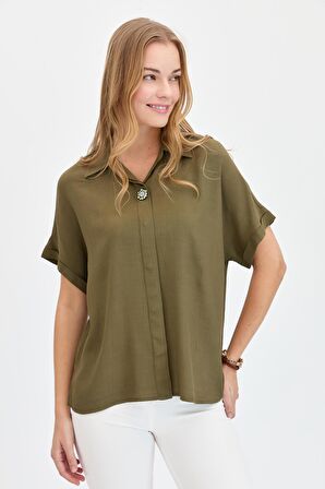 Kadın Önü Broşlu Maroken Gömlek Haki