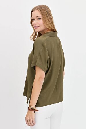 Kadın Önü Broşlu Maroken Gömlek Haki